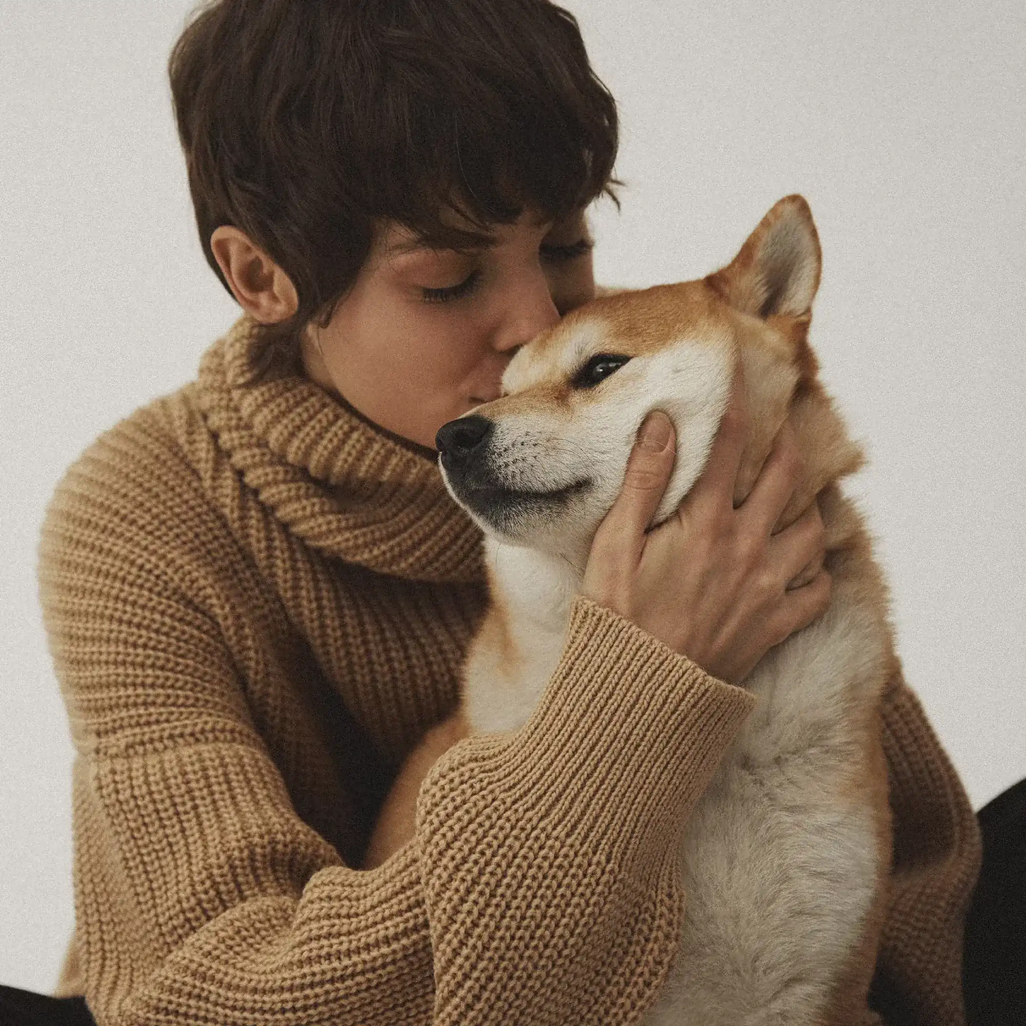 Una mujer abraza a su perro en casa